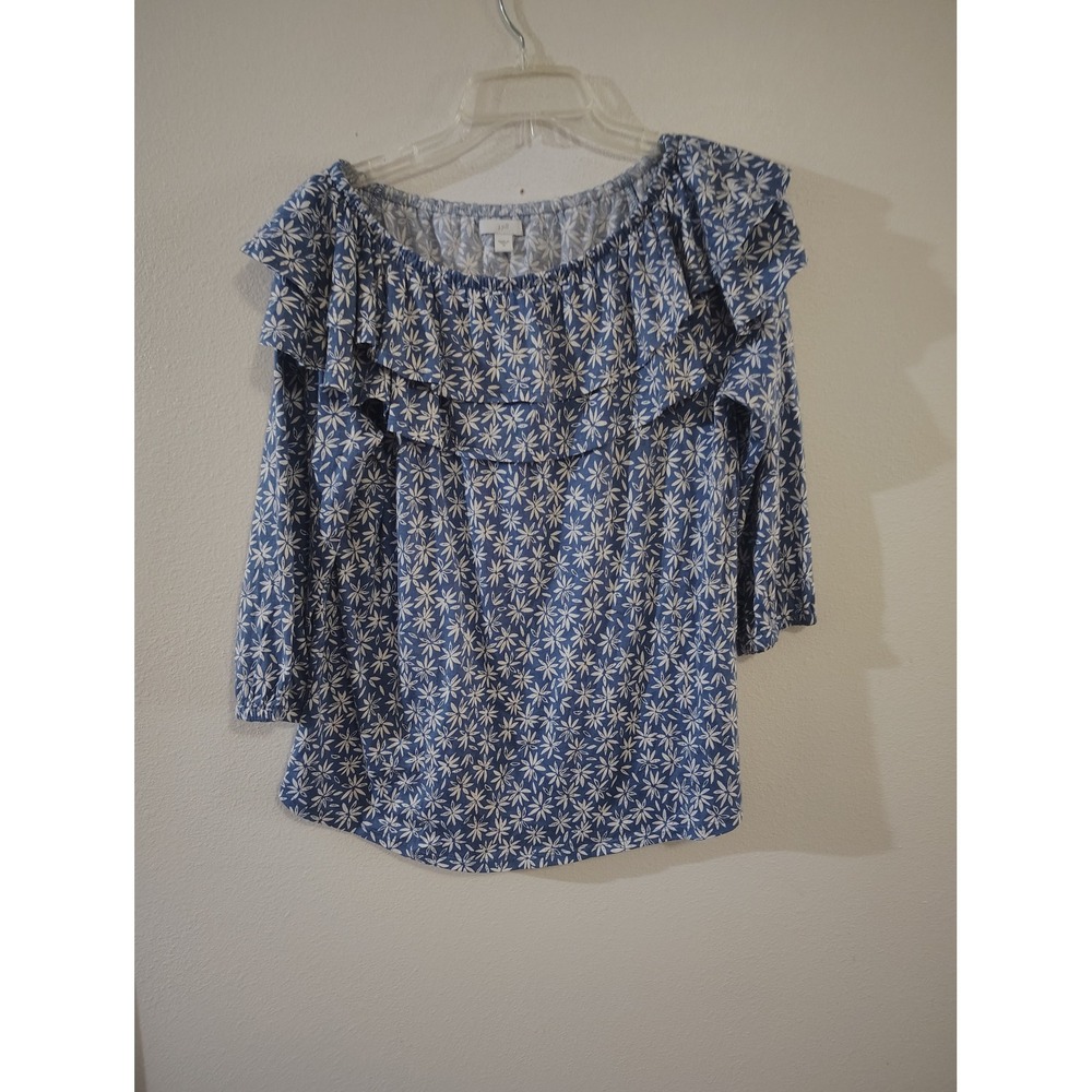 J. Jill Blue White Floral Ruffle Neck Blouse Off Shoulder‎ 3/4 Sleeve Top Medium